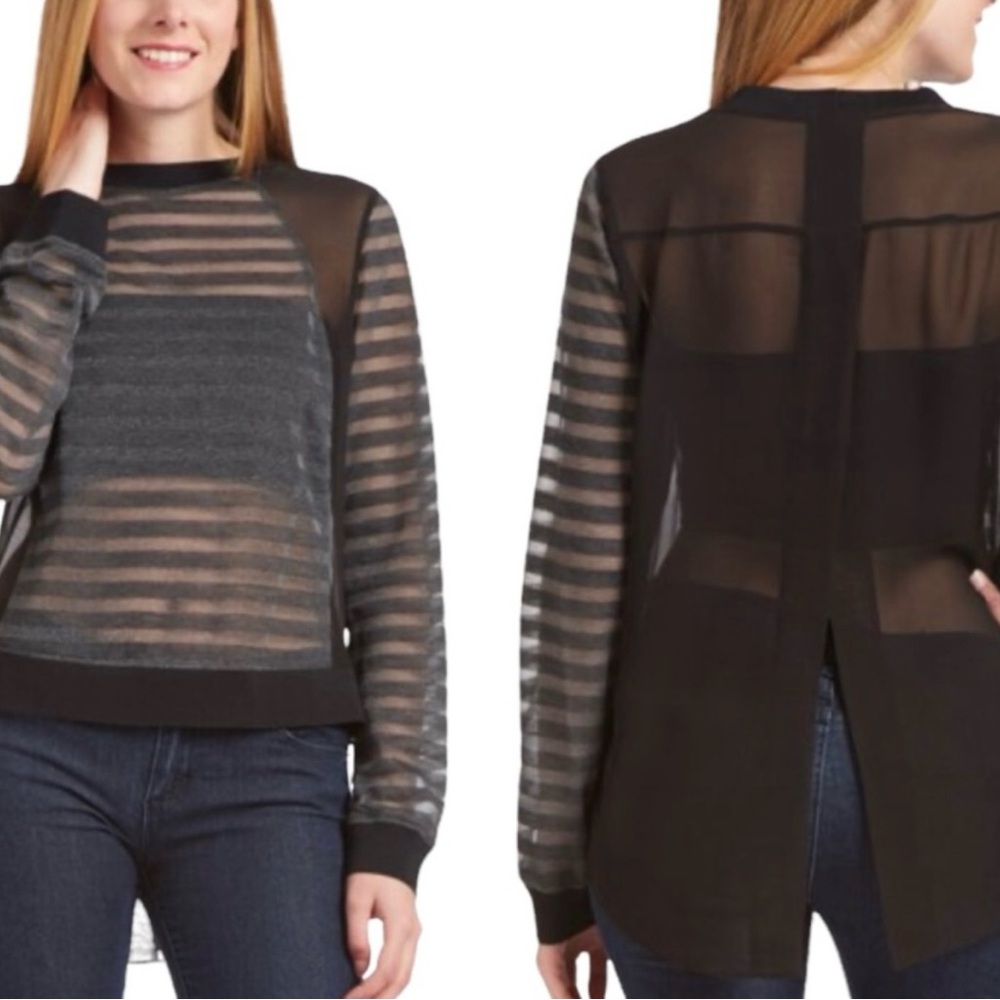 Chelsea and Walker L Top Sheer Silk Striped Black, Grey & Metallic long sleeve
